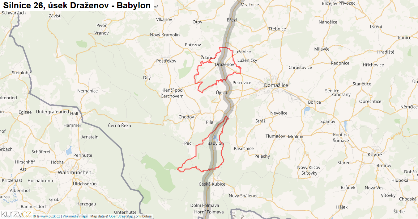 Úsek Draženov - Babylon, Silnice 26 - Mapa