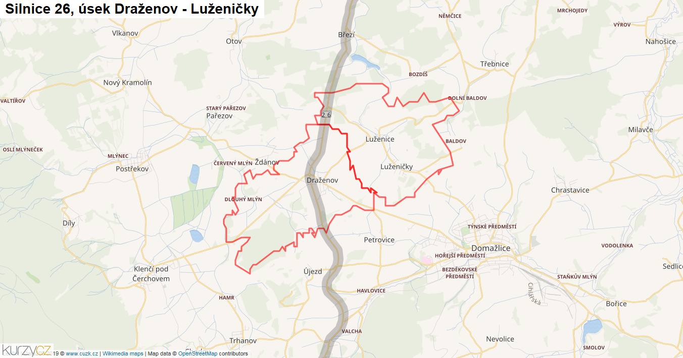 Úsek Draženov - Luženičky, Silnice 26 - Mapa