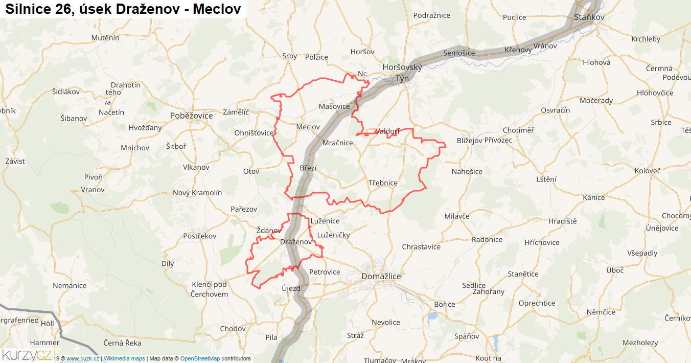 Úsek Draženov - Meclov, Silnice 26 - Mapa