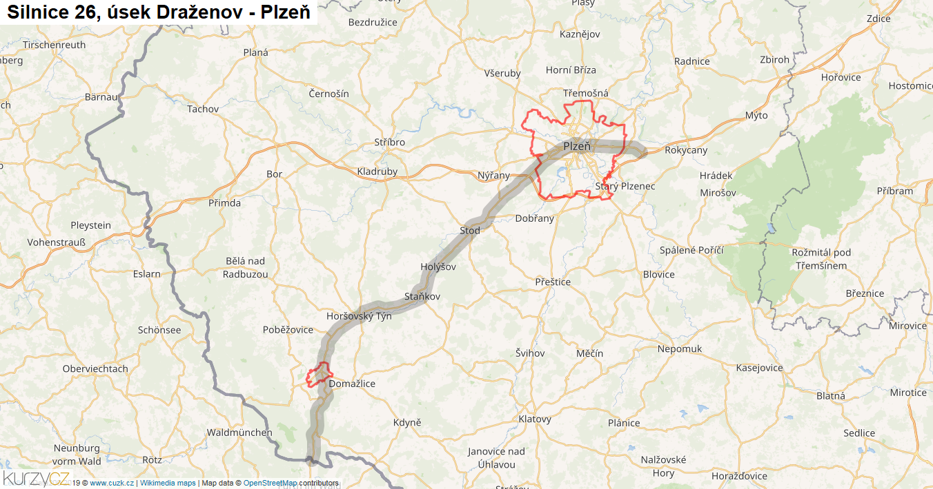 Úsek Draženov - Plzeň, Silnice 26 - Mapa