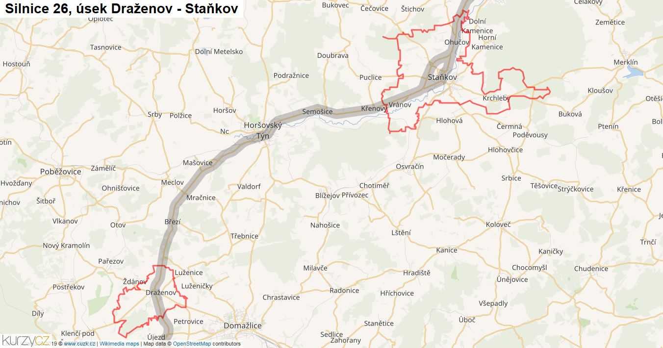 Úsek Draženov - Staňkov, Silnice 26 - Mapa