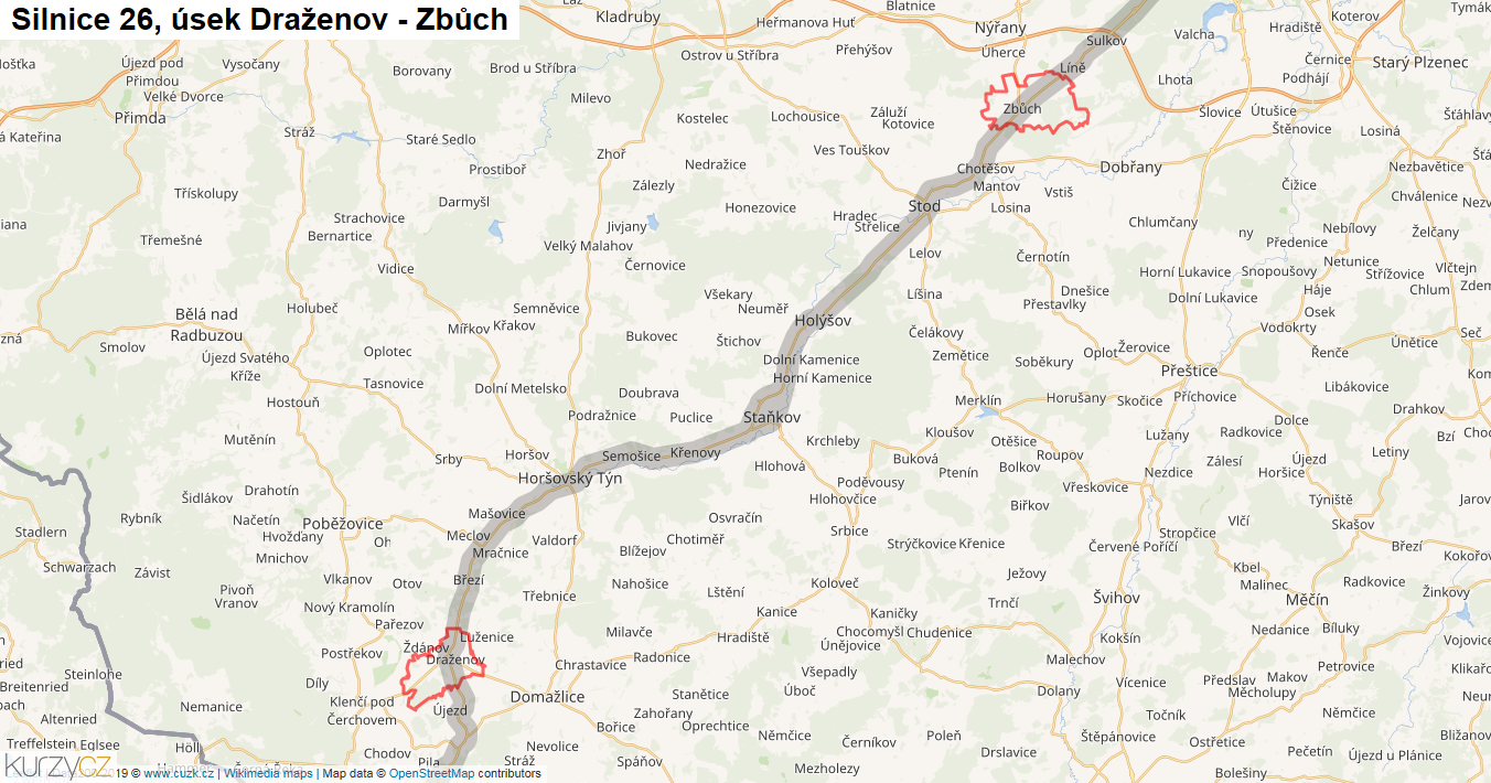 Úsek Draženov - Zbůch, Silnice 26 - Mapa