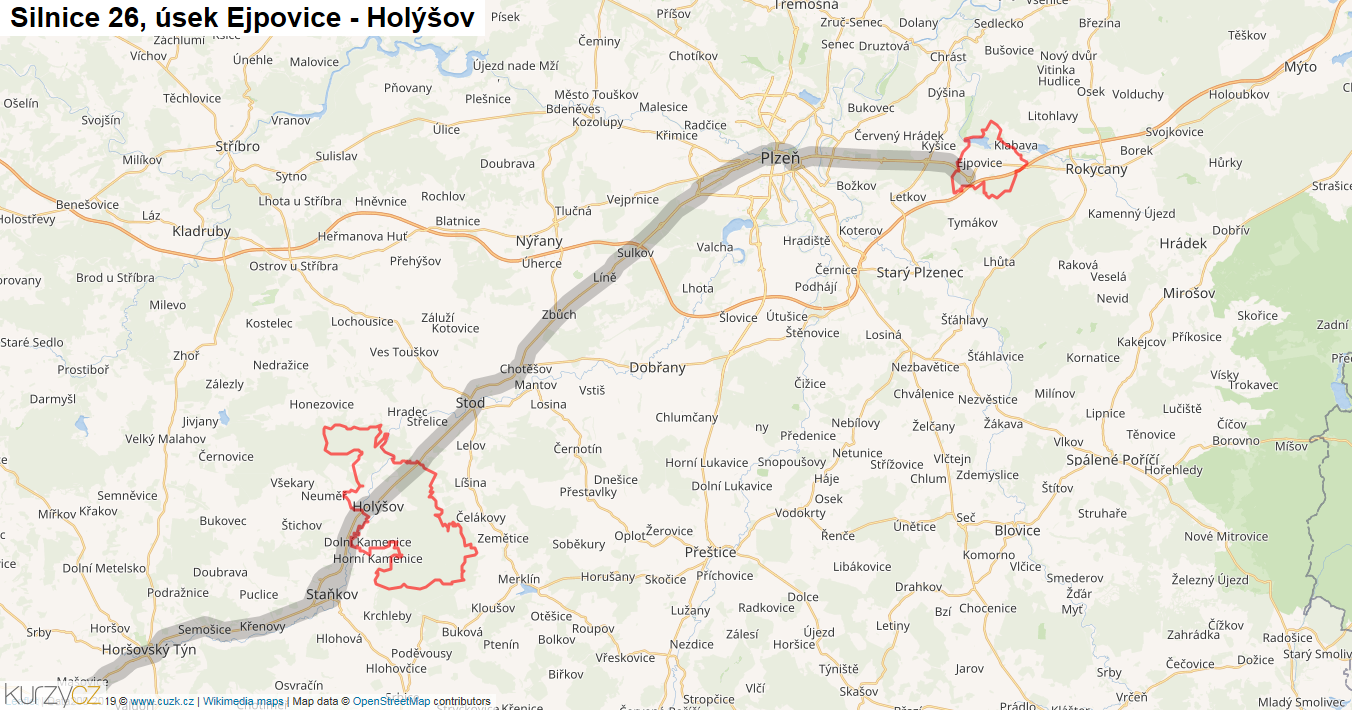 Úsek Ejpovice - Holýšov, Silnice 26 - Mapa