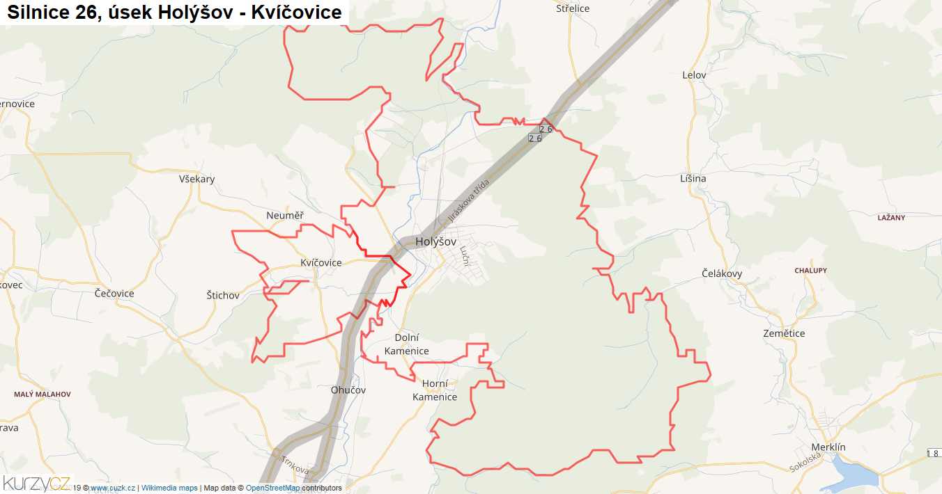 Úsek Holýšov - Kvíčovice, Silnice 26 - Mapa