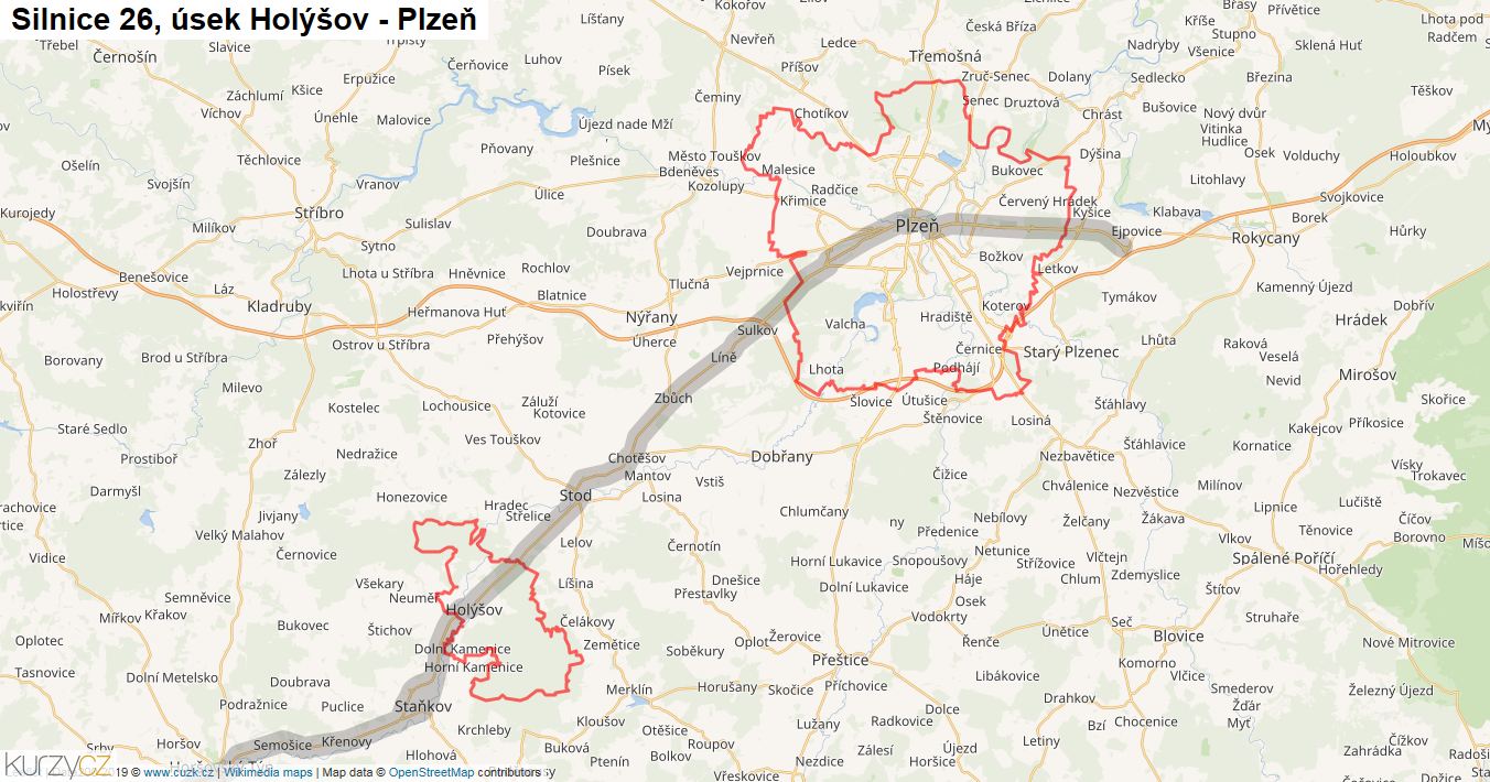Úsek Holýšov - Plzeň, Silnice 26 - Mapa