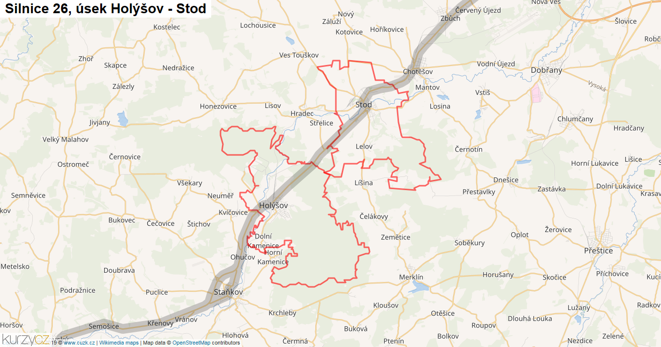 Úsek Holýšov - Stod, Silnice 26 - Mapa