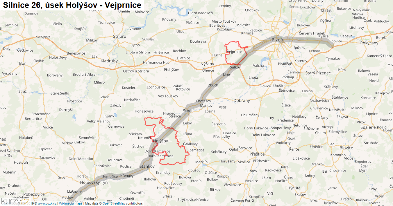 Úsek Holýšov - Vejprnice, Silnice 26 - Mapa