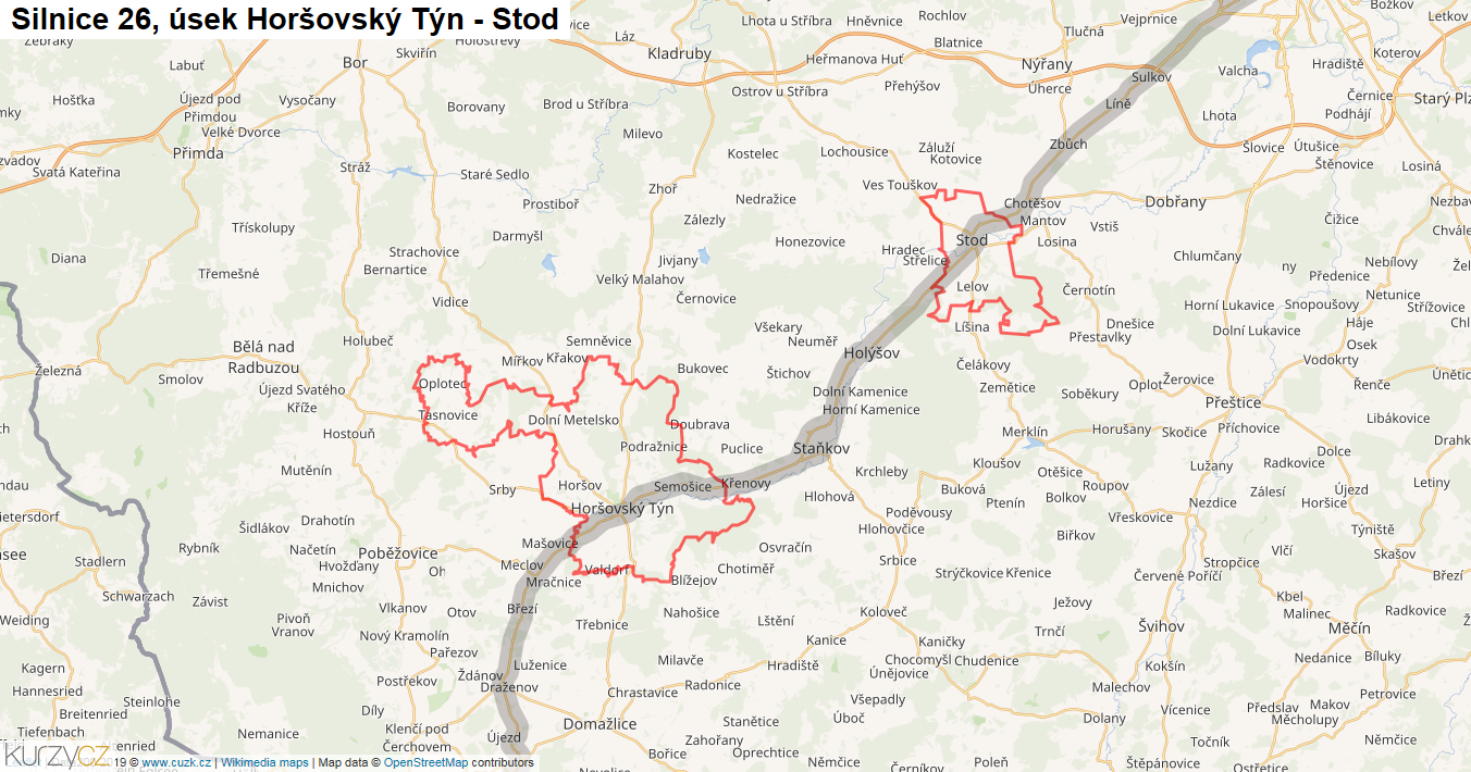 Úsek Horšovský Týn - Stod, Silnice 26 - Mapa