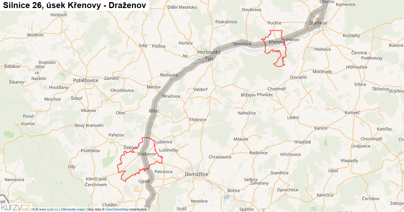 Úsek Křenovy - Draženov, Silnice 26 - Mapa
