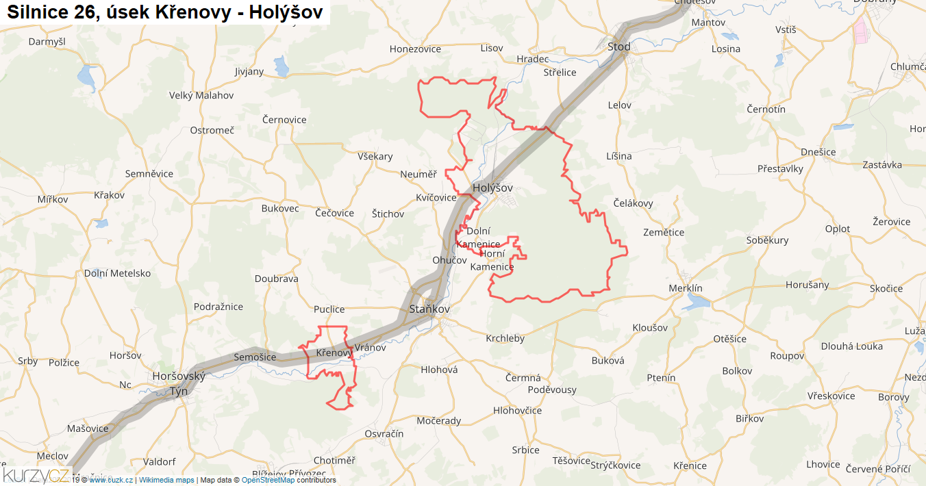 Úsek Křenovy - Holýšov, Silnice 26 - Mapa