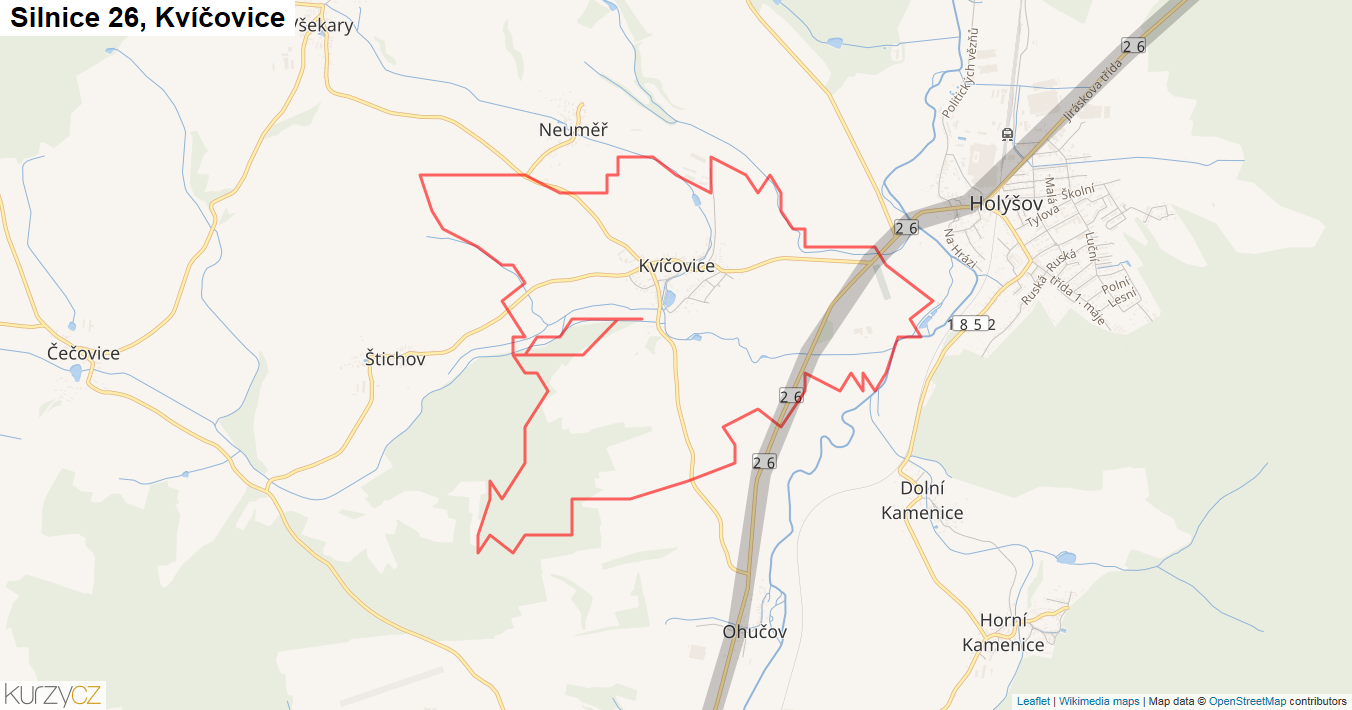 Kvíčovice, Silnice 26 - Mapa