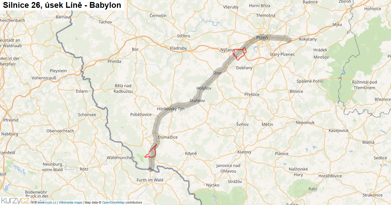 Úsek Líně - Babylon, Silnice 26 - Mapa