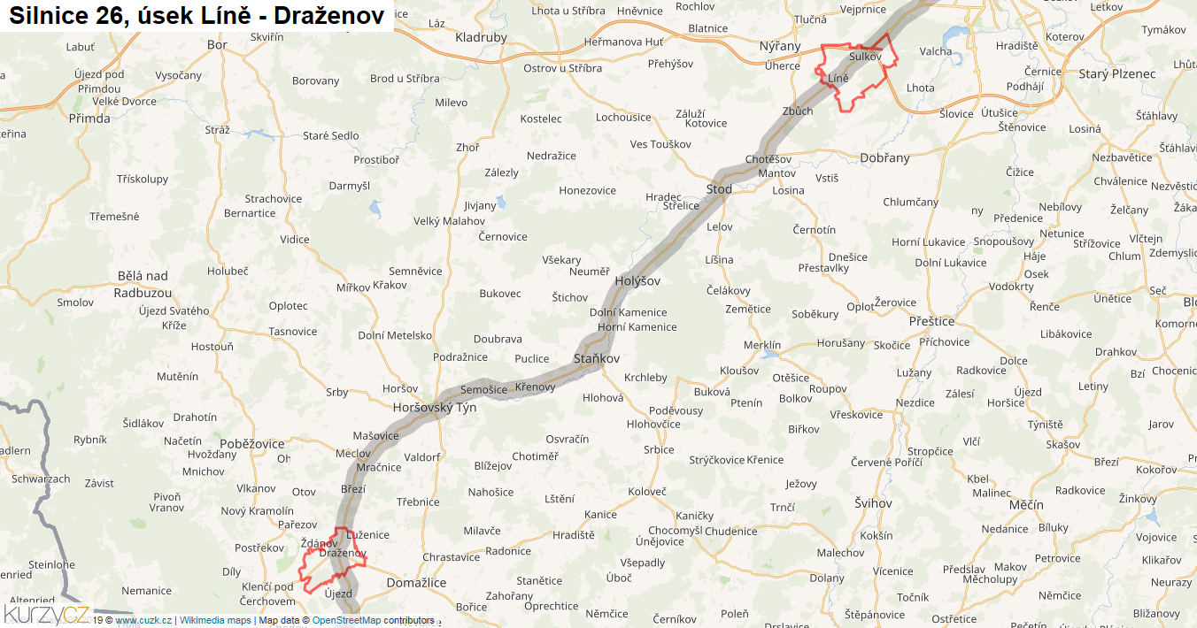 Úsek Líně - Draženov, Silnice 26 - Mapa