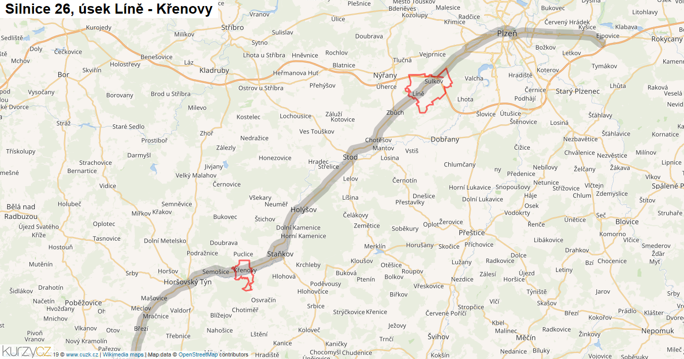 Úsek Líně - Křenovy, Silnice 26 - Mapa
