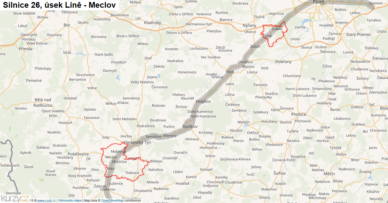 Úsek Líně - Meclov, Silnice 26 - Mapa
