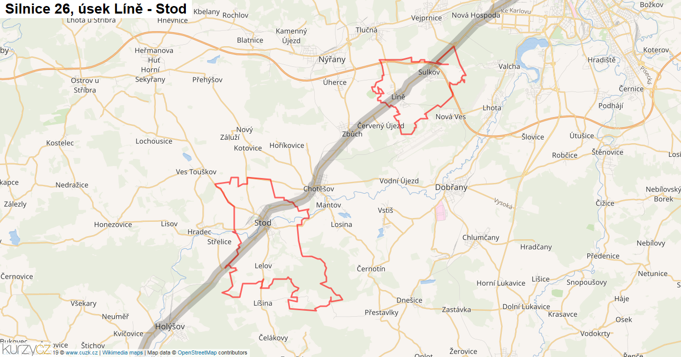 Úsek Líně - Stod, Silnice 26 - Mapa