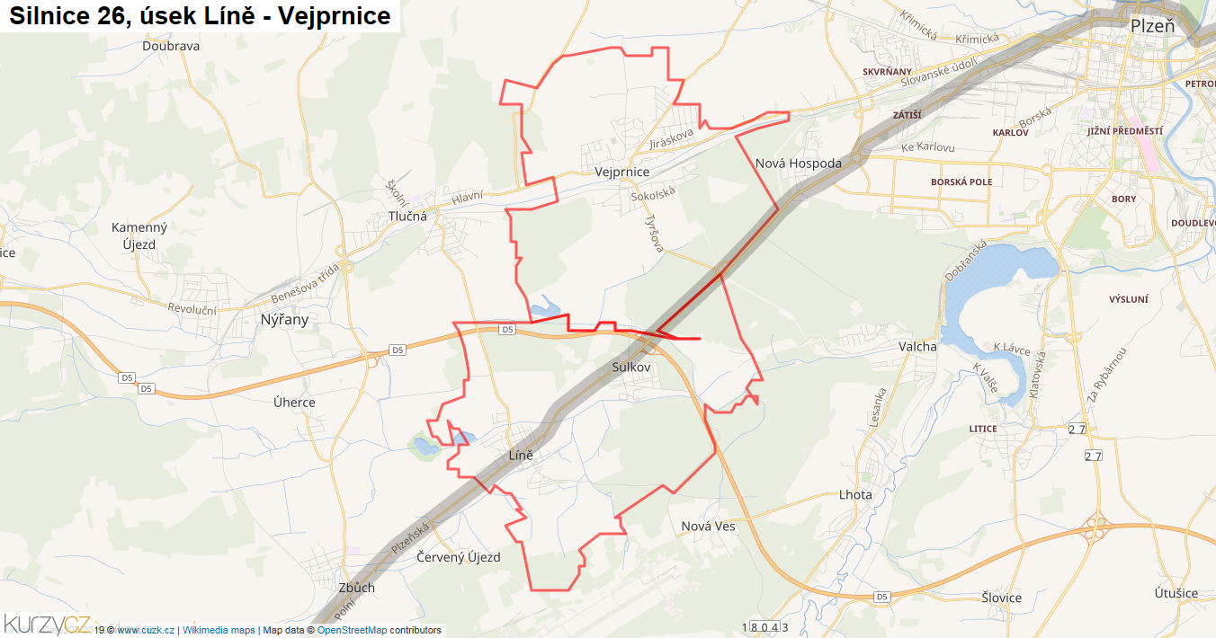 Úsek Líně - Vejprnice, Silnice 26 - Mapa