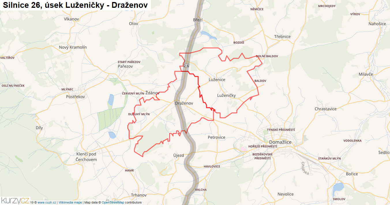 Úsek Luženičky - Draženov, Silnice 26 - Mapa