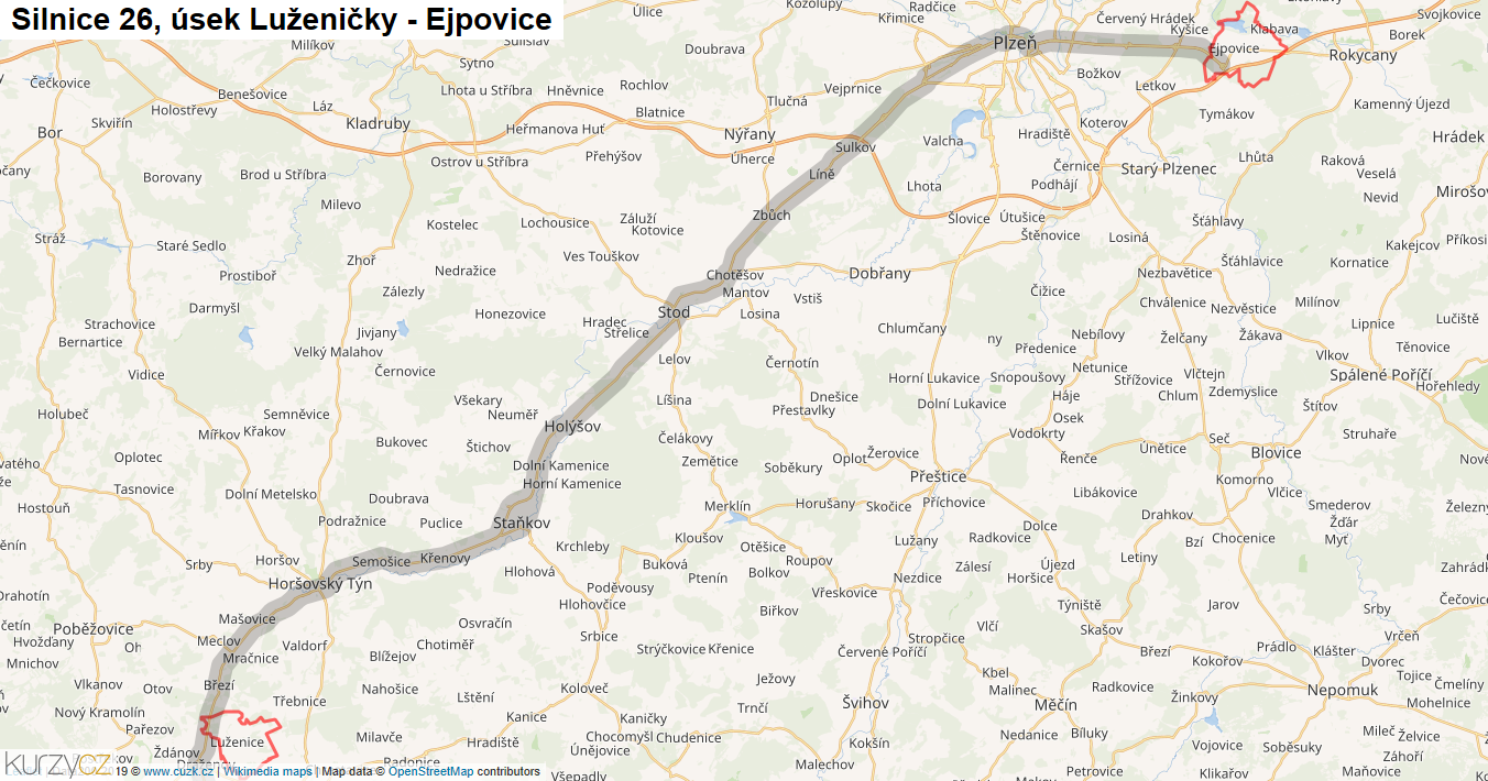 Úsek Luženičky - Ejpovice, Silnice 26 - Mapa