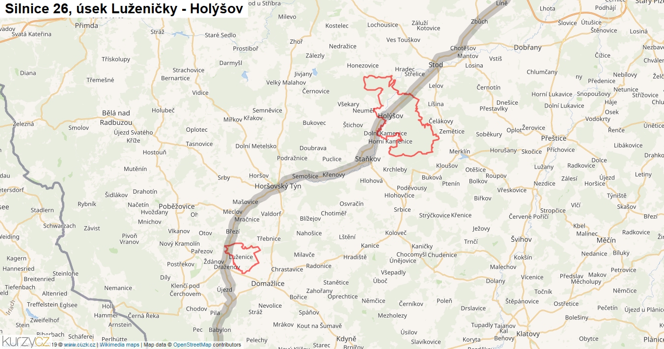 Úsek Luženičky - Holýšov, Silnice 26 - Mapa