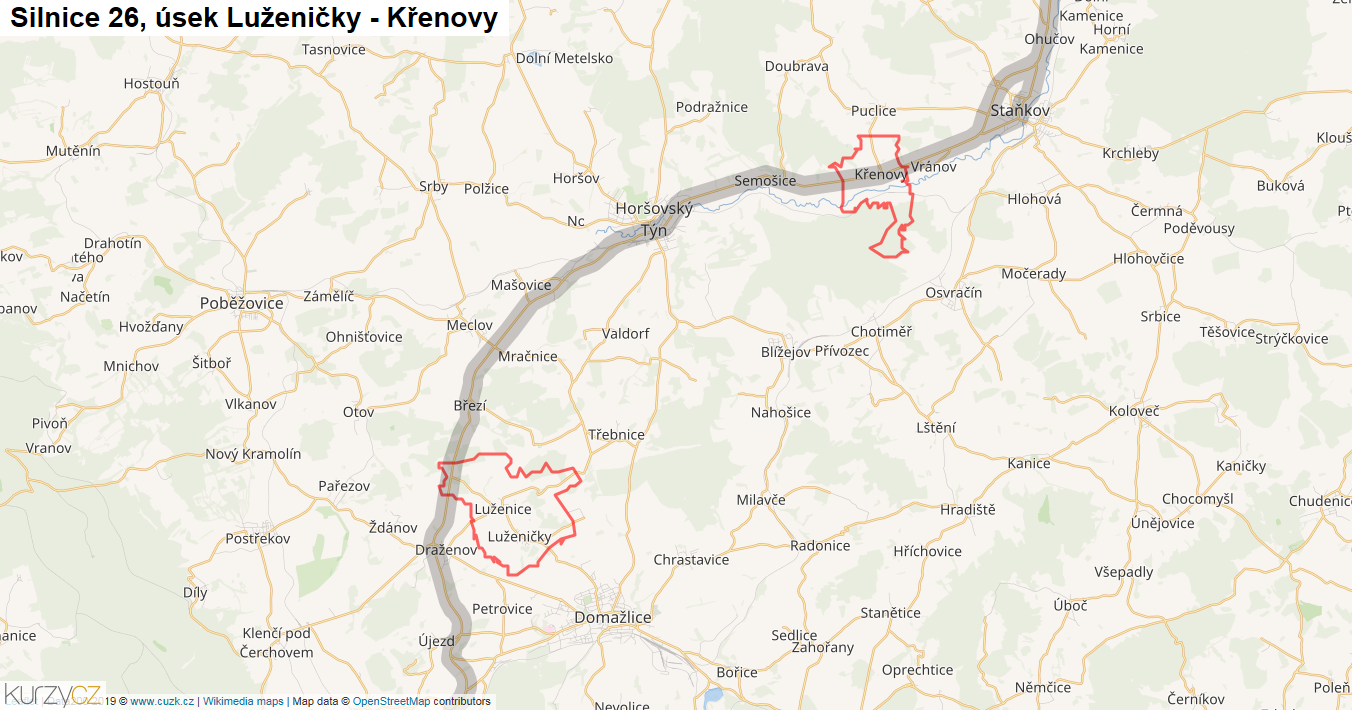 Úsek Luženičky - Křenovy, Silnice 26 - Mapa