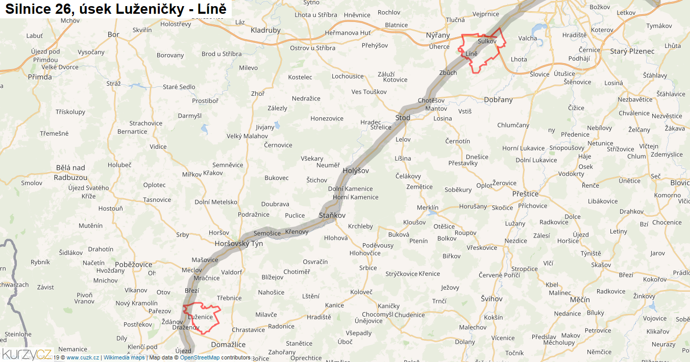 Úsek Luženičky - Líně, Silnice 26 - Mapa