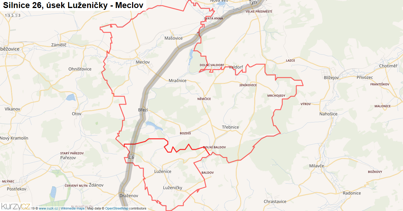 Úsek Luženičky - Meclov, Silnice 26 - Mapa