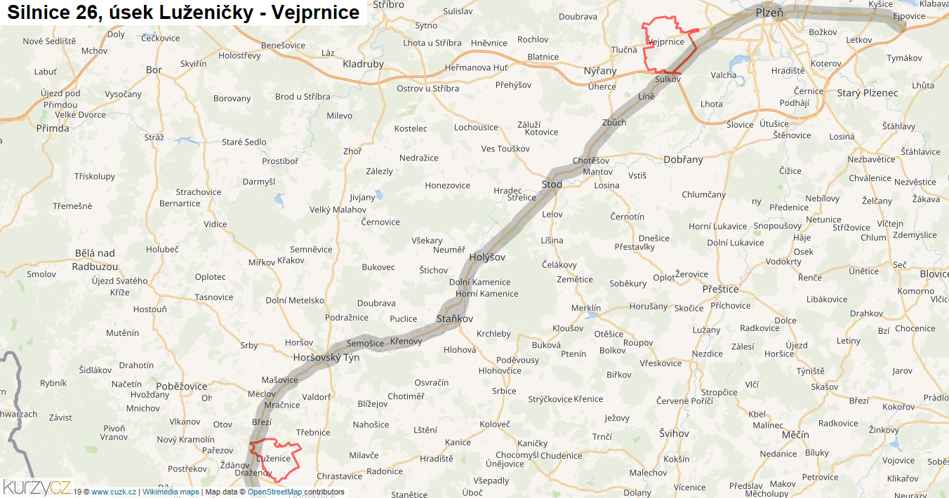 Úsek Luženičky - Vejprnice, Silnice 26 - Mapa