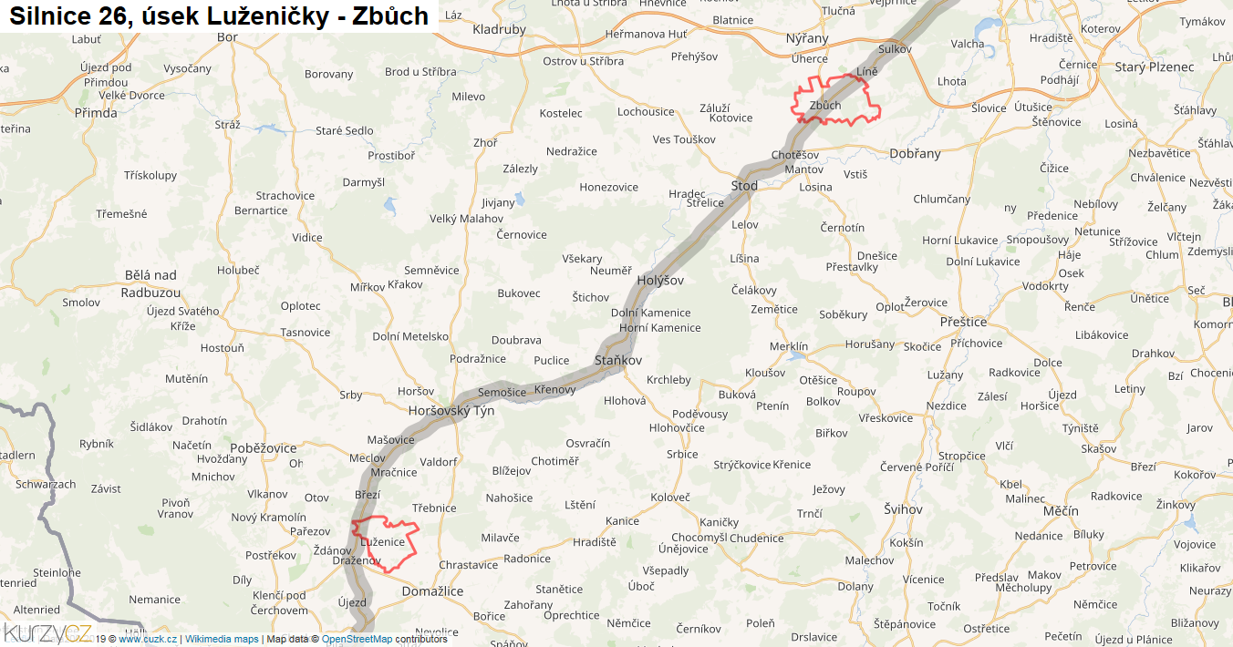 Úsek Luženičky - Zbůch, Silnice 26 - Mapa