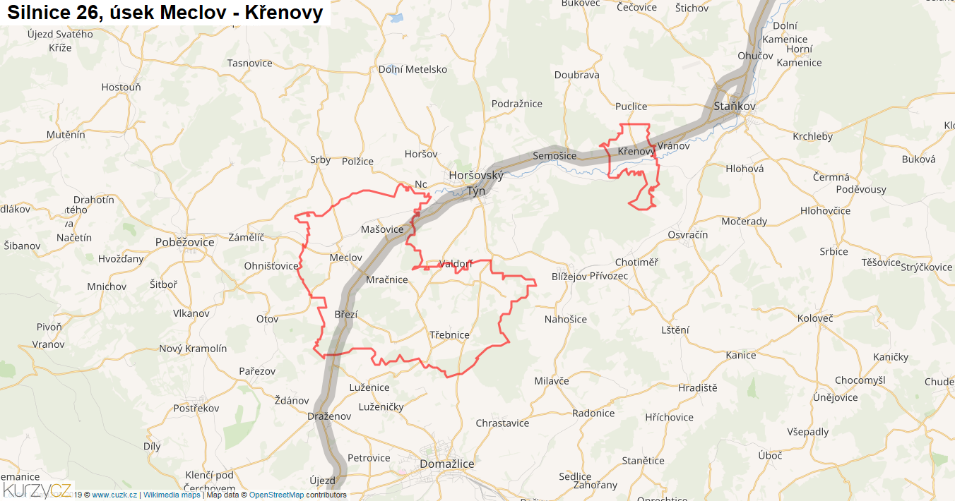 Úsek Meclov - Křenovy, Silnice 26 - Mapa