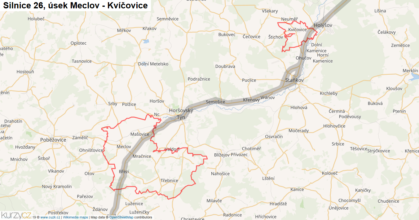Úsek Meclov - Kvíčovice, Silnice 26 - Mapa