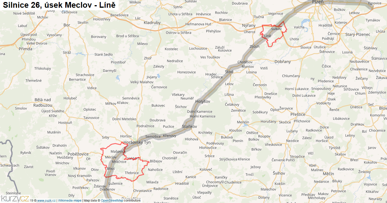 Úsek Meclov - Líně, Silnice 26 - Mapa