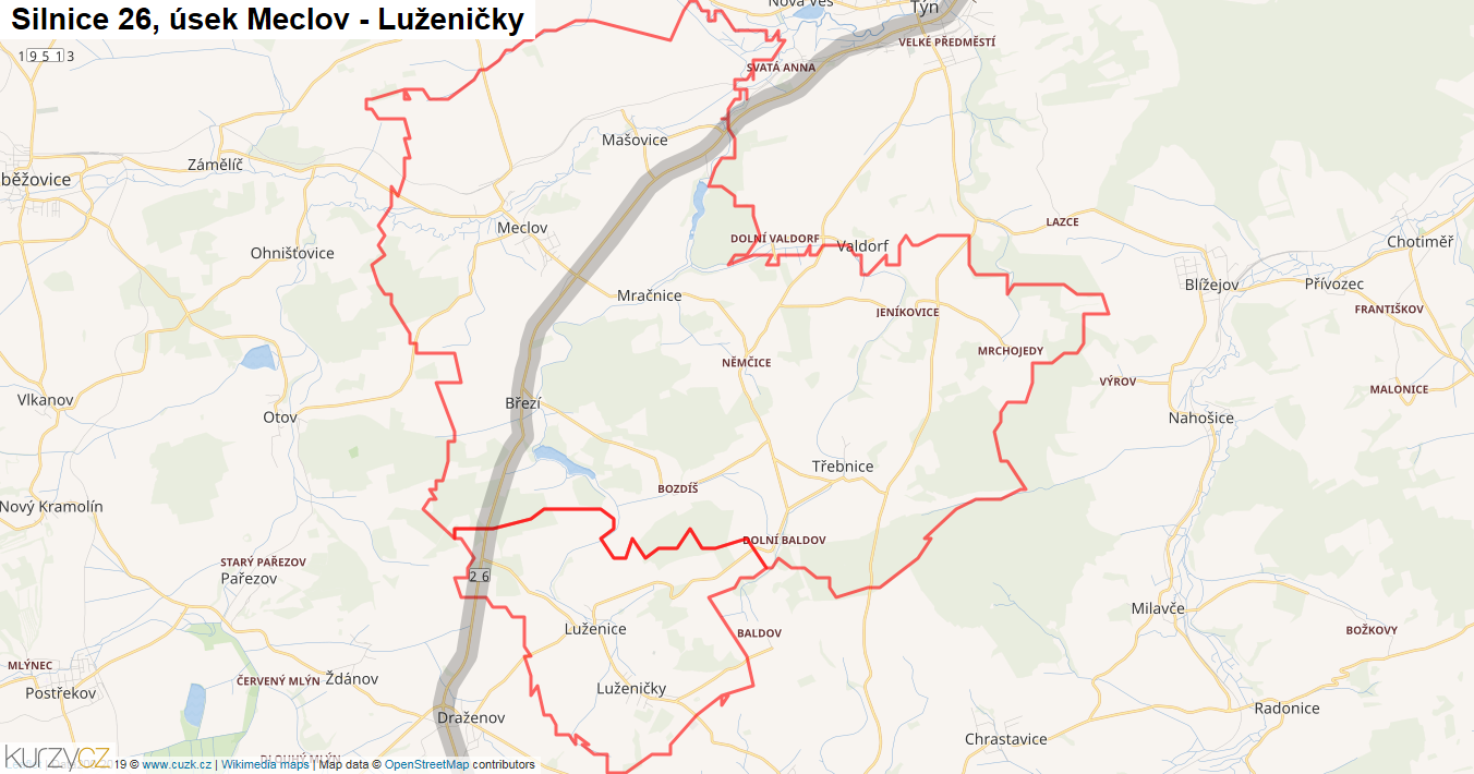 Úsek Meclov - Luženičky, Silnice 26 - Mapa