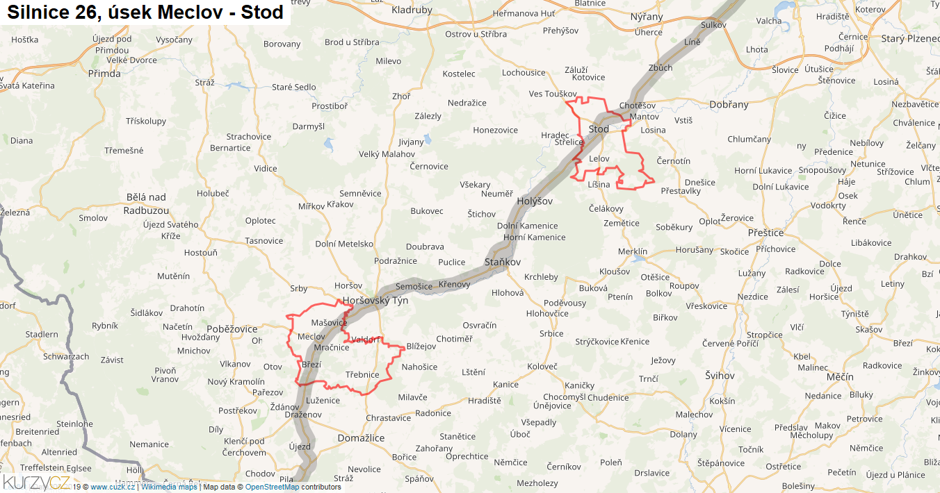 Úsek Meclov - Stod, Silnice 26 - Mapa
