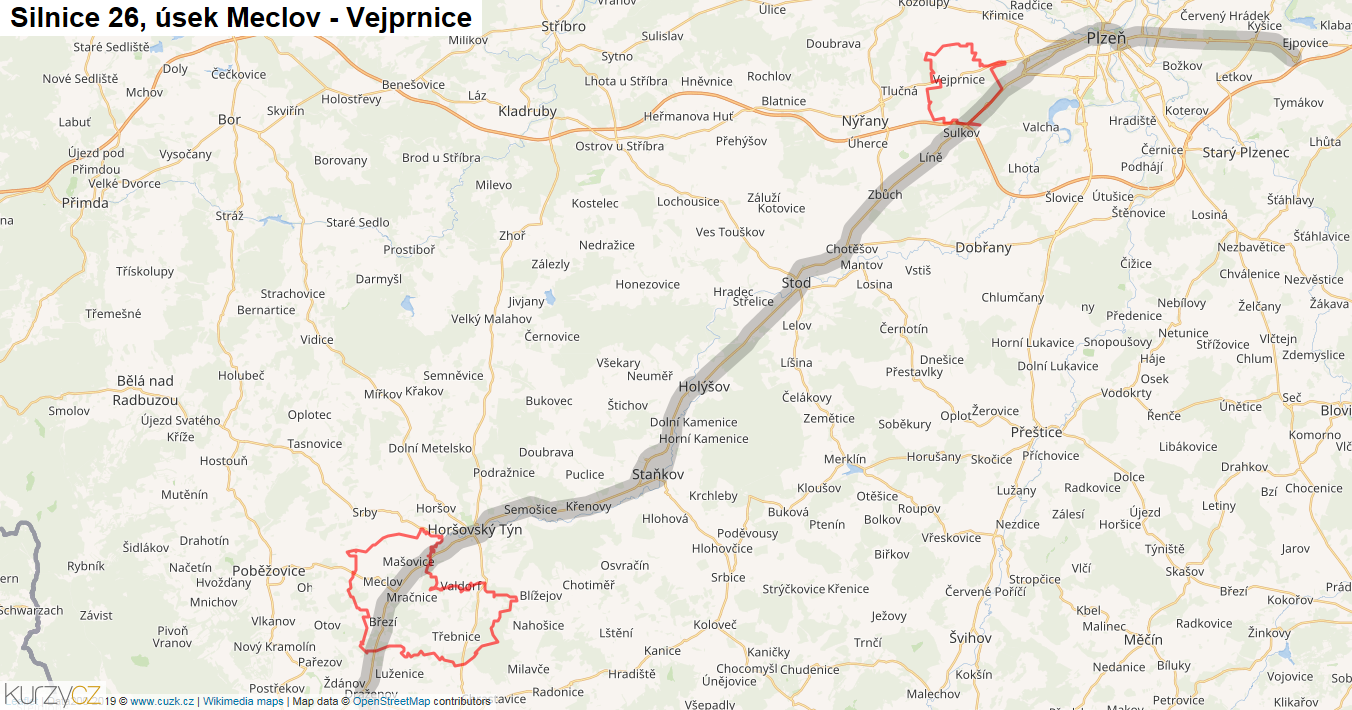 Úsek Meclov - Vejprnice, Silnice 26 - Mapa
