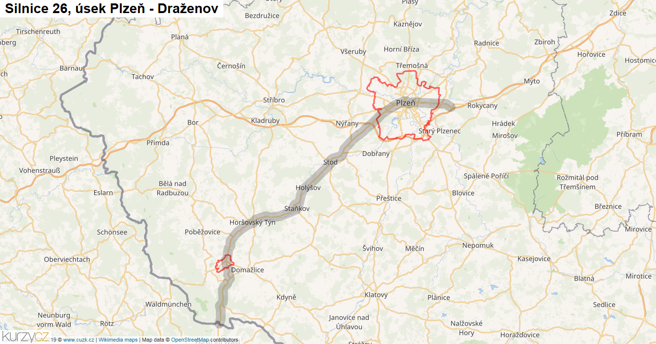Úsek Plzeň - Draženov, Silnice 26 - Mapa