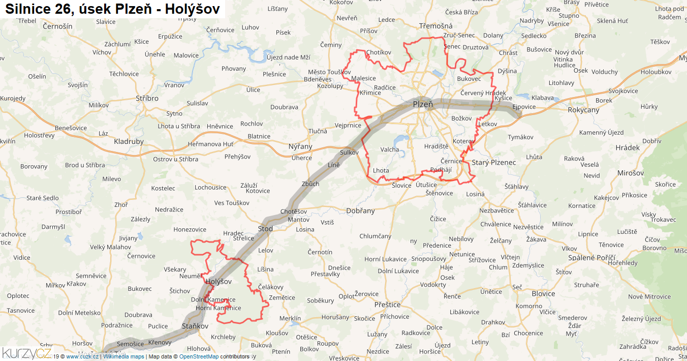 Úsek Plzeň - Holýšov, Silnice 26 - Mapa