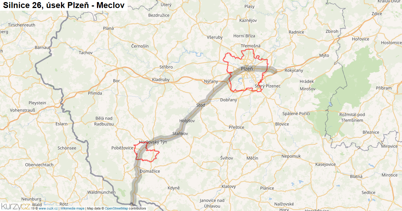 Úsek Plzeň - Meclov, Silnice 26 - Mapa