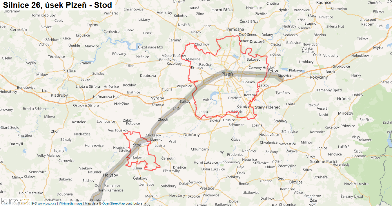 Úsek Plzeň - Stod, Silnice 26 - Mapa