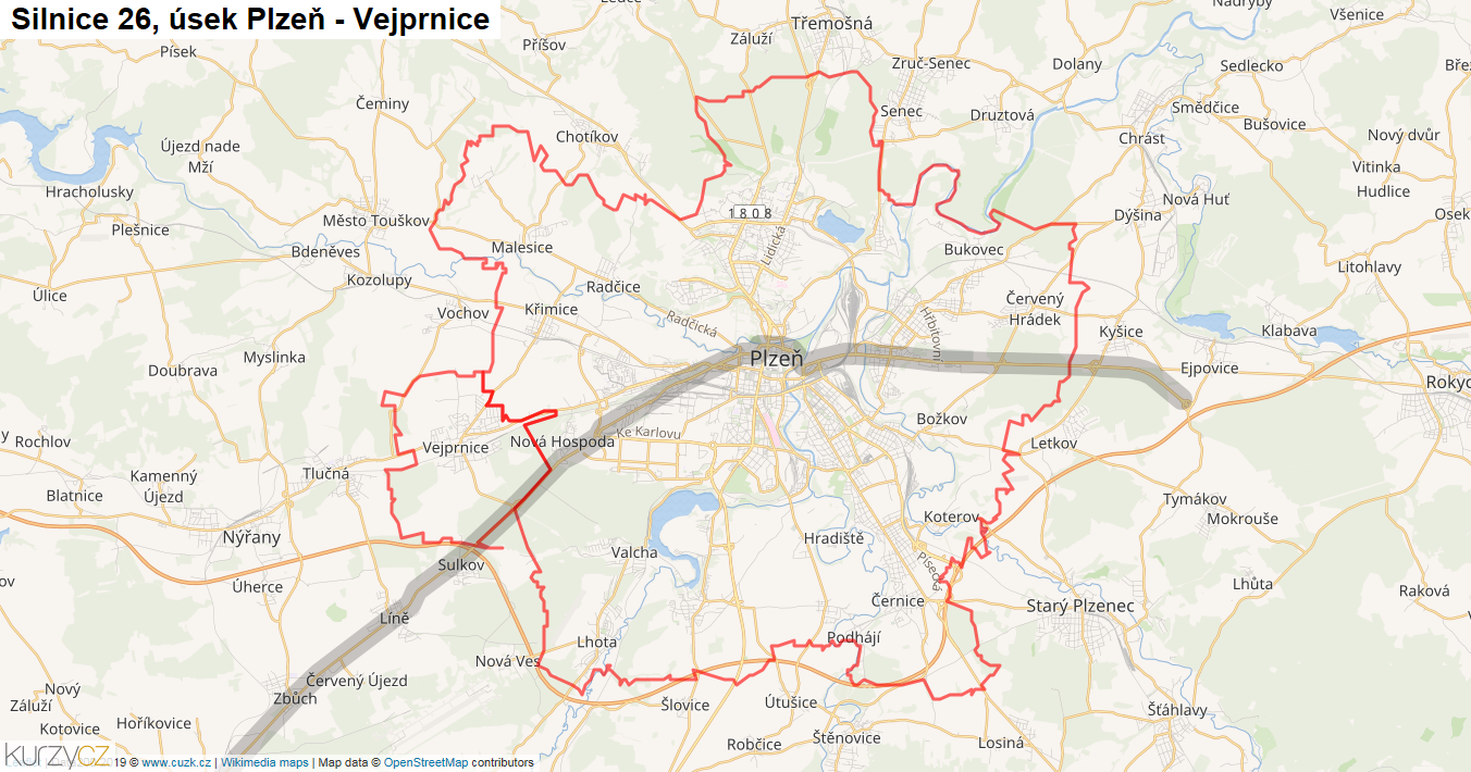 Úsek Plzeň - Vejprnice, Silnice 26 - Mapa