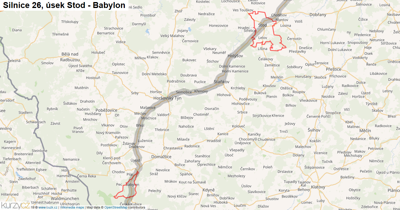 Úsek Stod - Babylon, Silnice 26 - Mapa