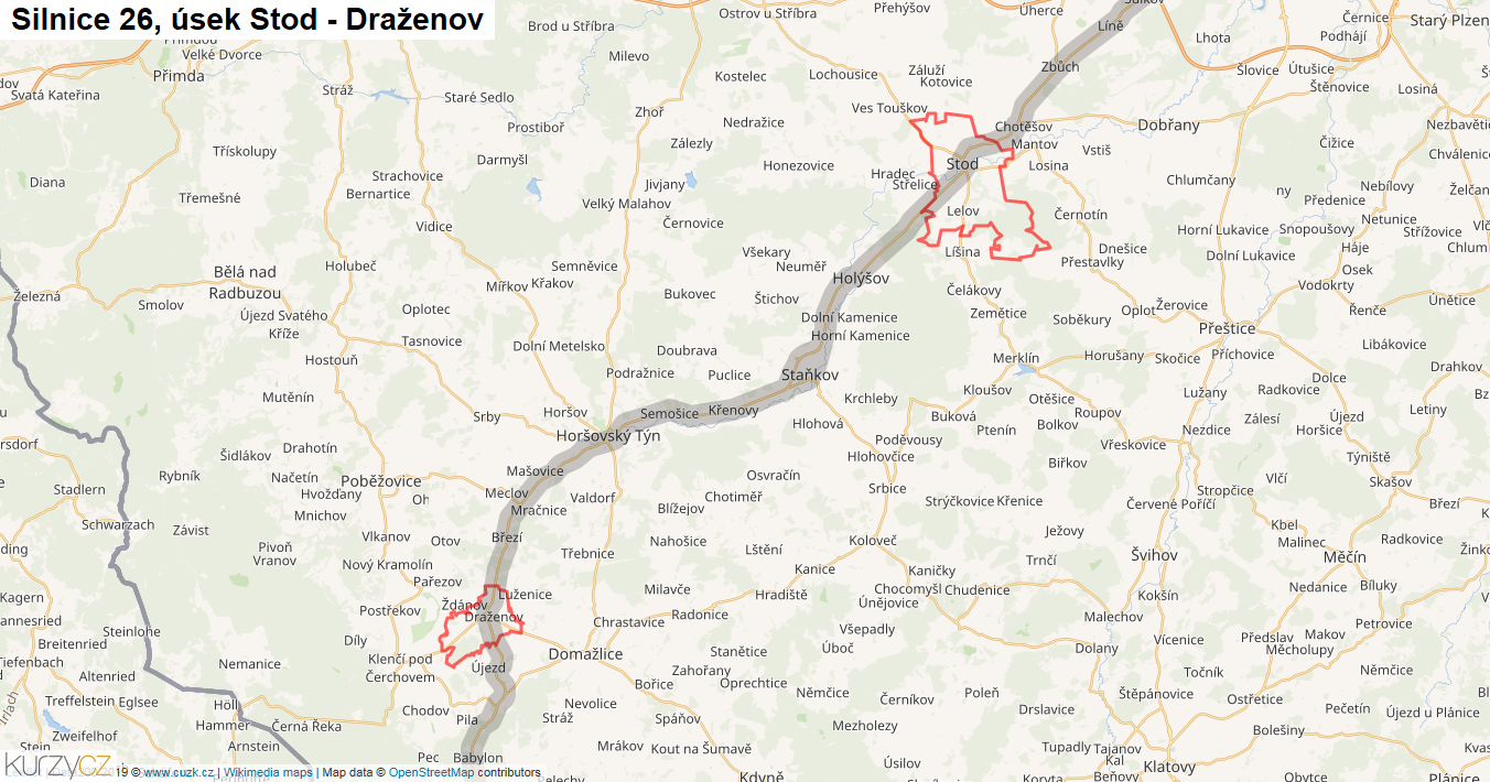Úsek Stod - Draženov, Silnice 26 - Mapa
