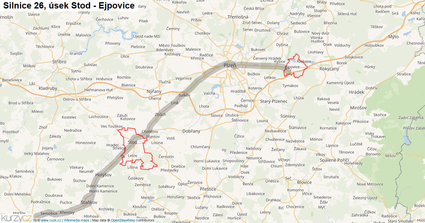 Úsek Stod - Ejpovice, Silnice 26 - Mapa