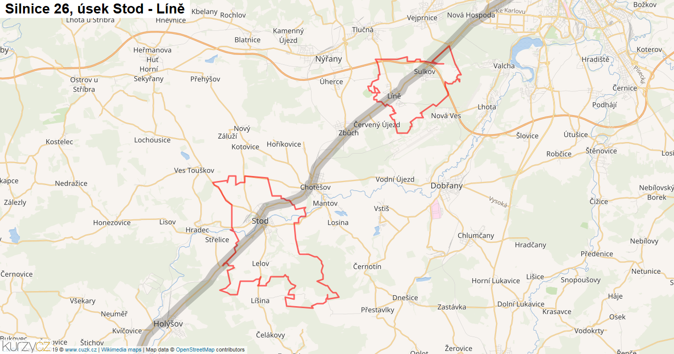 Úsek Stod - Líně, Silnice 26 - Mapa