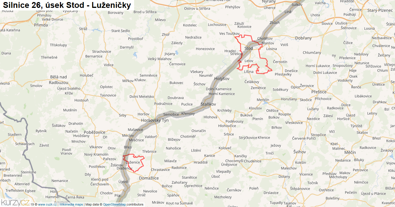 Úsek Stod - Luženičky, Silnice 26 - Mapa