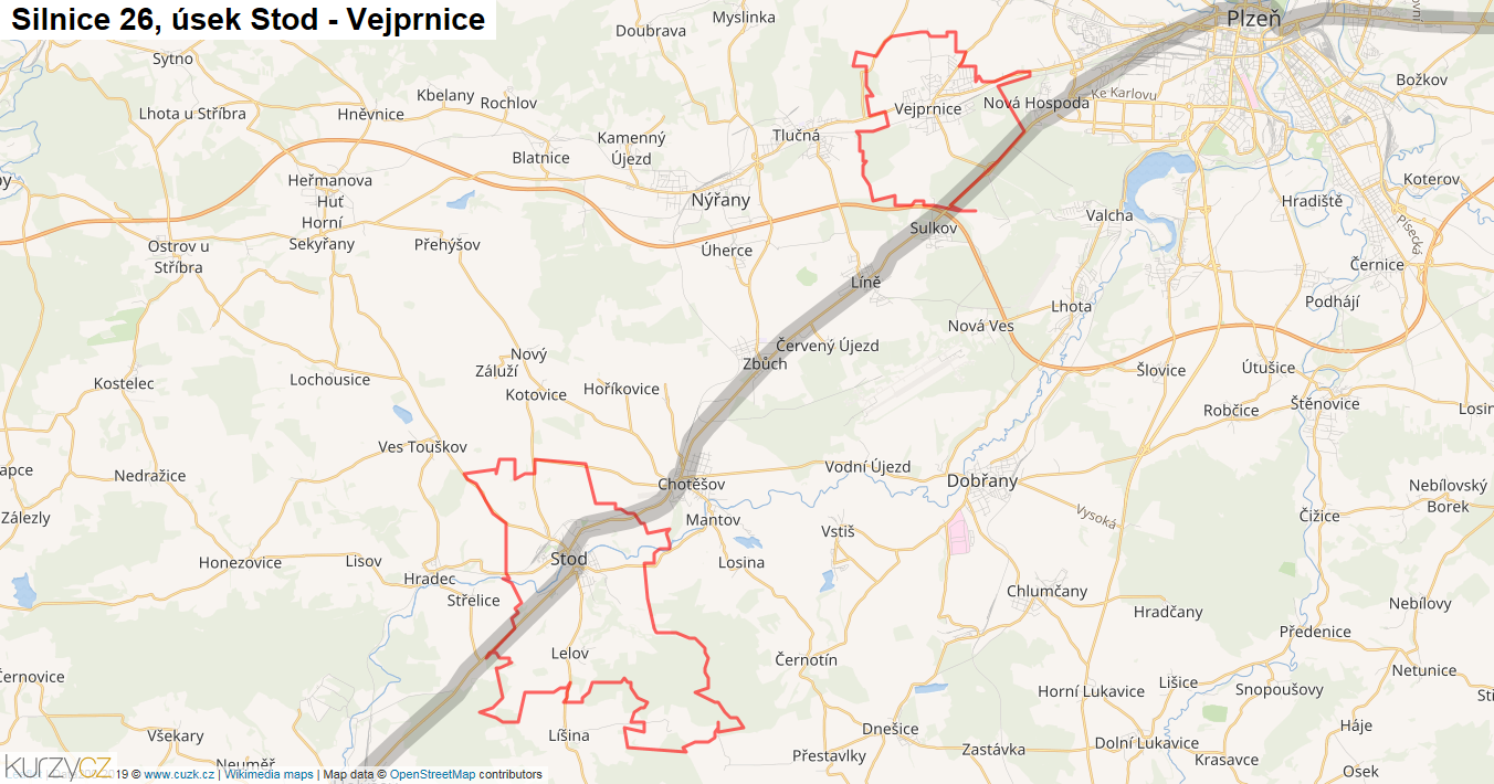 Úsek Stod - Vejprnice, Silnice 26 - Mapa