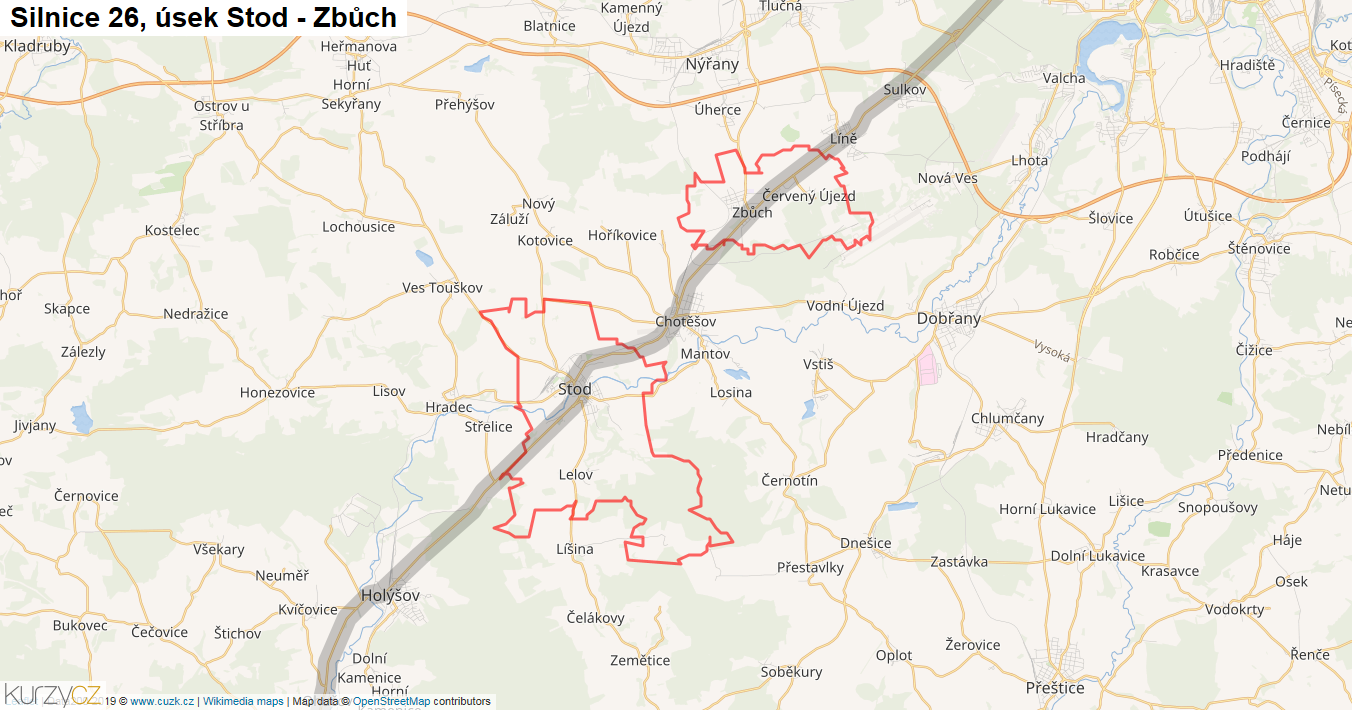 Úsek Stod - Zbůch, Silnice 26 - Mapa