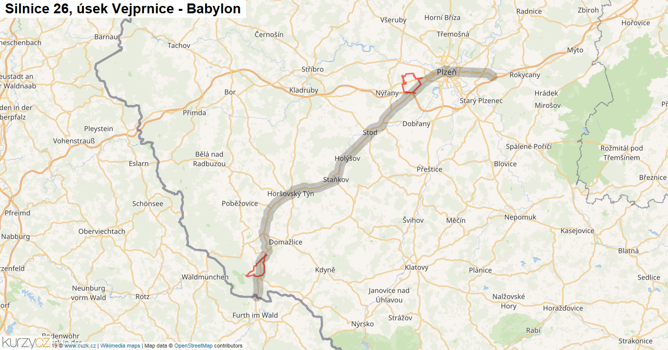 Úsek Vejprnice - Babylon, Silnice 26 - Mapa