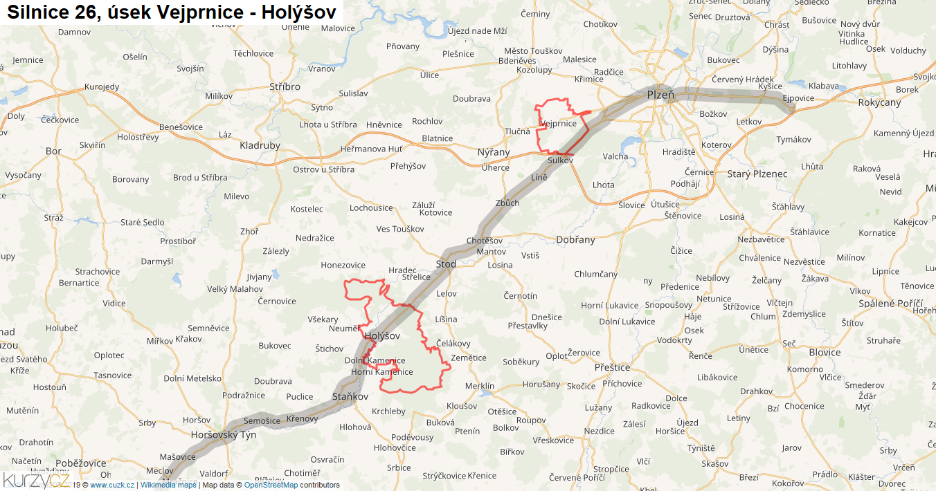 Úsek Vejprnice - Holýšov, Silnice 26 - Mapa