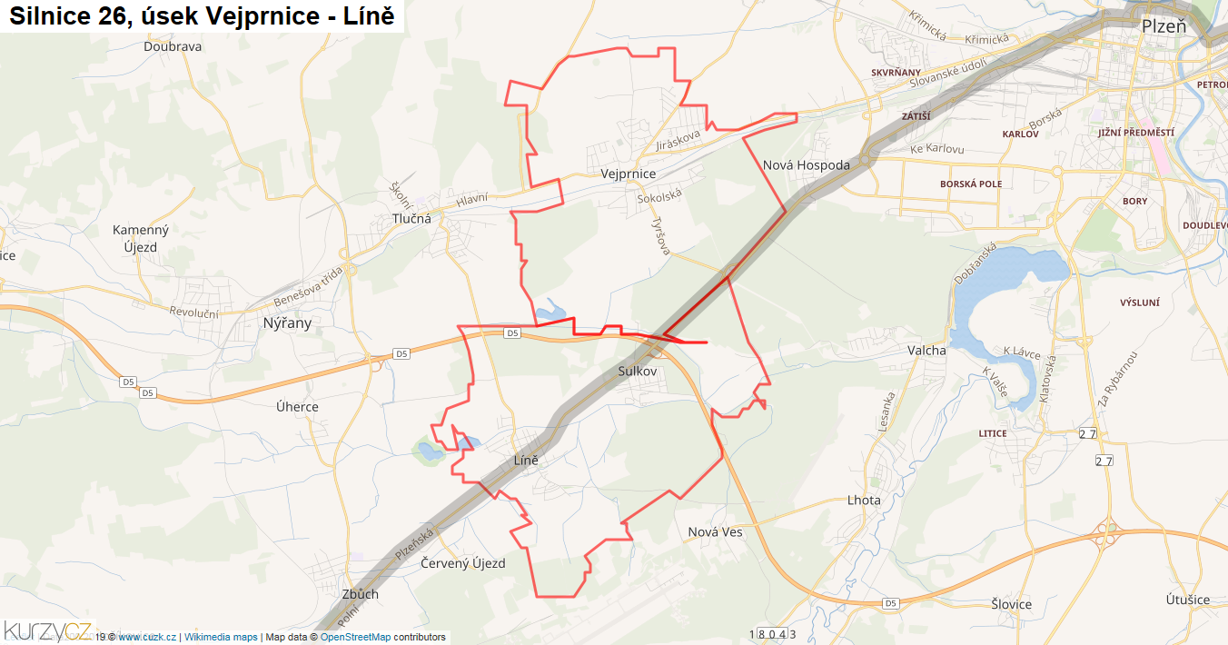 Úsek Vejprnice - Líně, Silnice 26 - Mapa